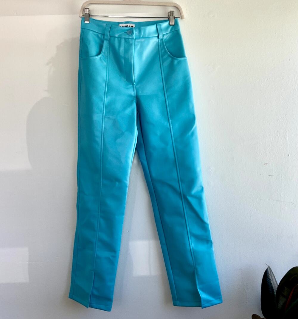 LAAGAM Blue Faux Leather Straight Leg High Rise Pants Size S